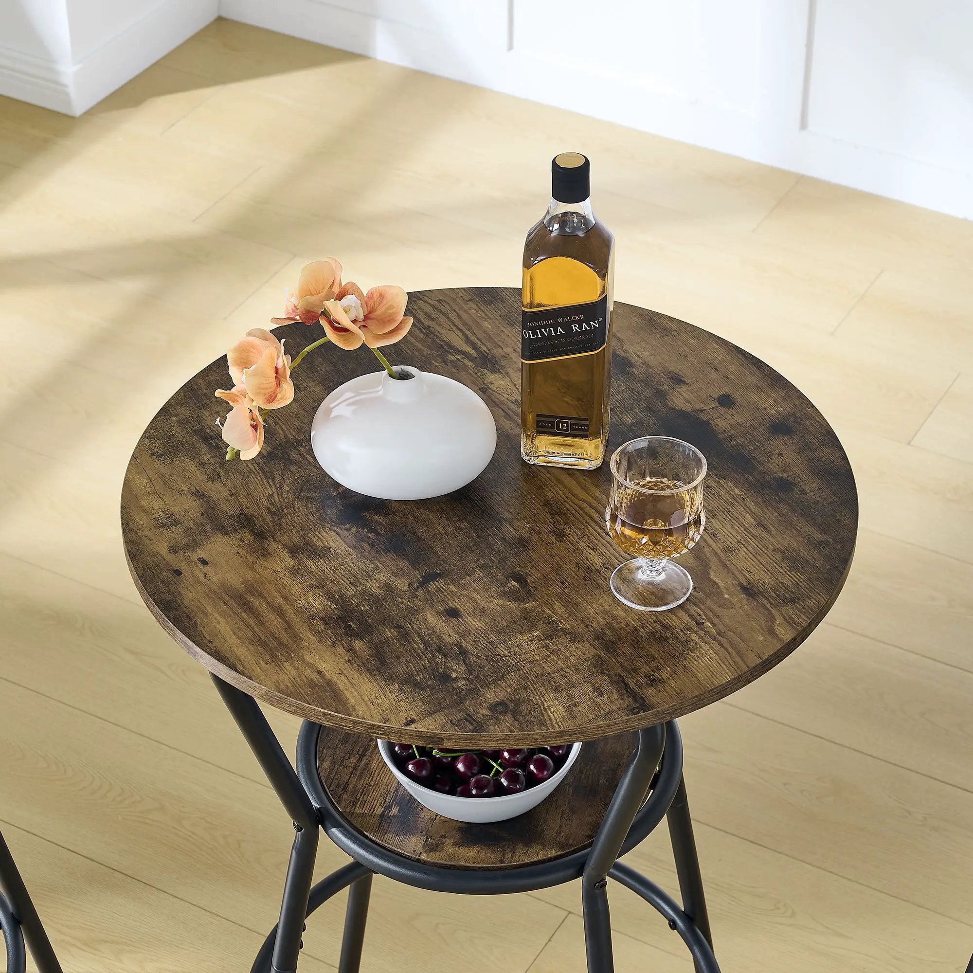 Rustic Brown Round Bar Table And Stool Set With Shelf, Upholstered Stool With Backrest - Antique Brown by Unique Piece Furniture