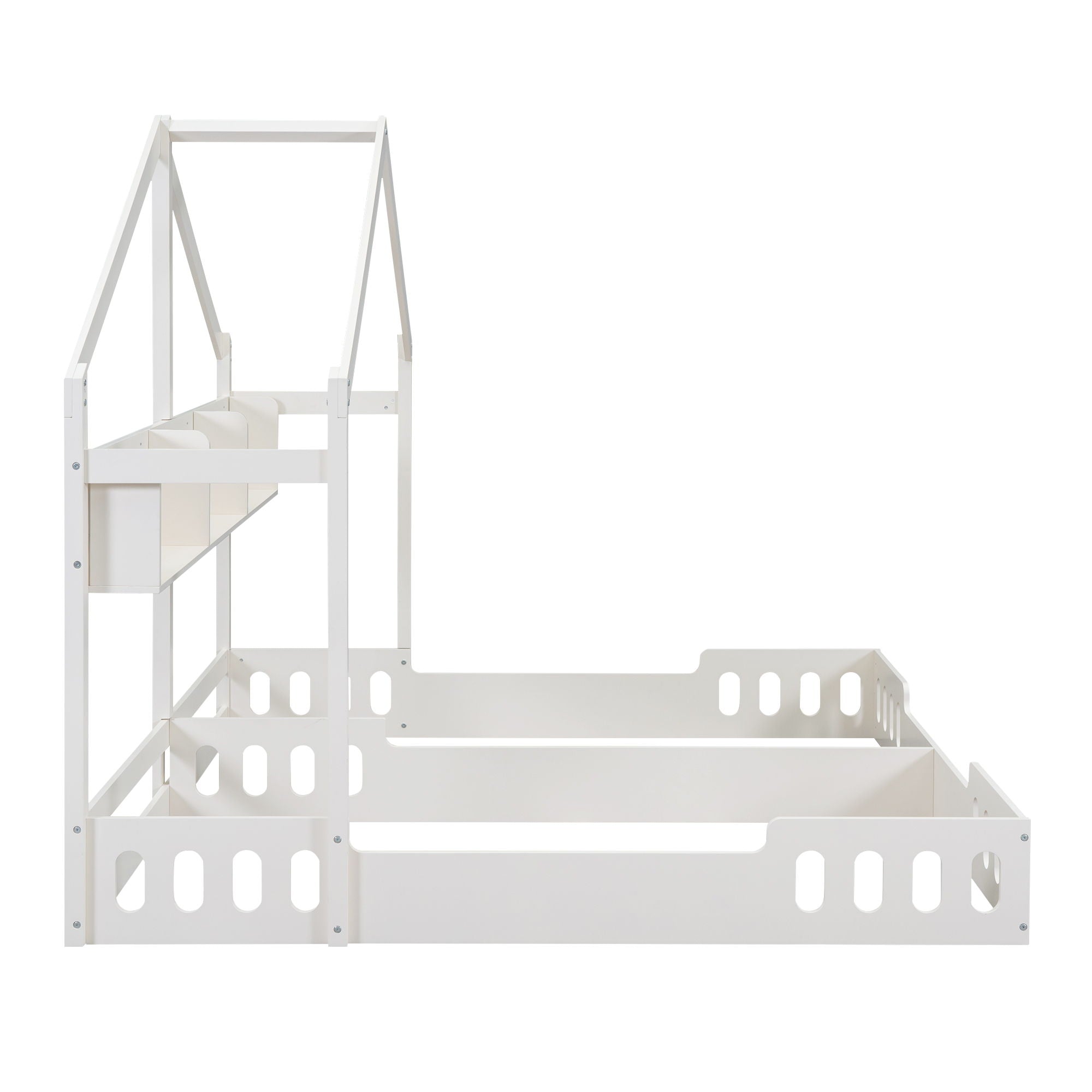 Twin Size Platform Bed With Shared Design, Guardrails, And Built In Shelves - Creamy White by HouseOfZazla