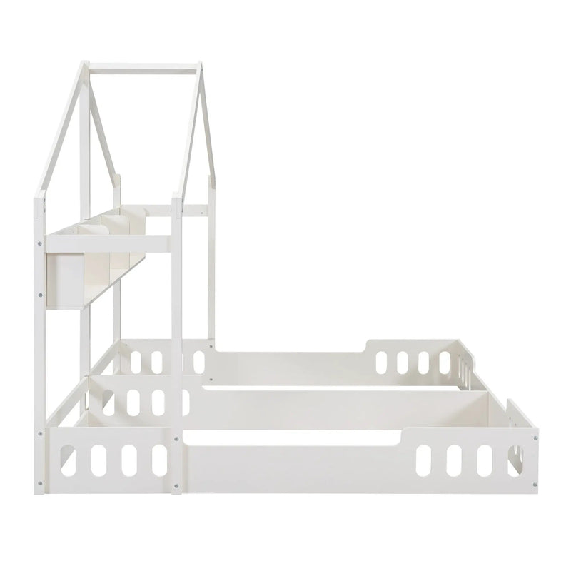 Twin Size Platform Bed With Shared Design, Guardrails, And Built In Shelves - Creamy White by HouseOfZazla
