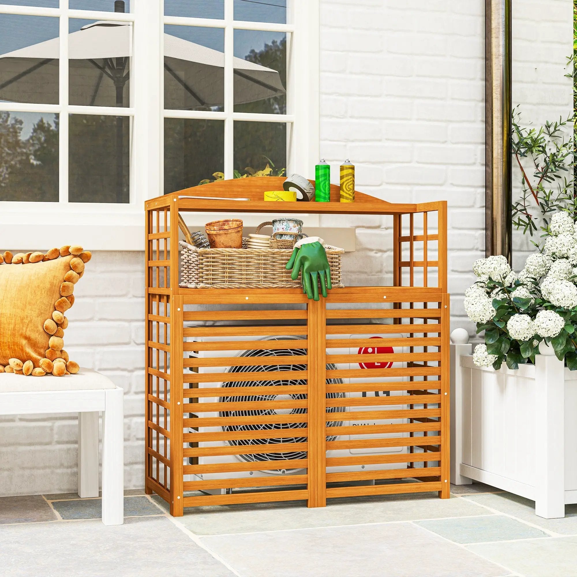 Outsunny Wood Air Conditioner Fence, Outdoor Privacy Screen Potting Table with Shelves by HouseOfZazla