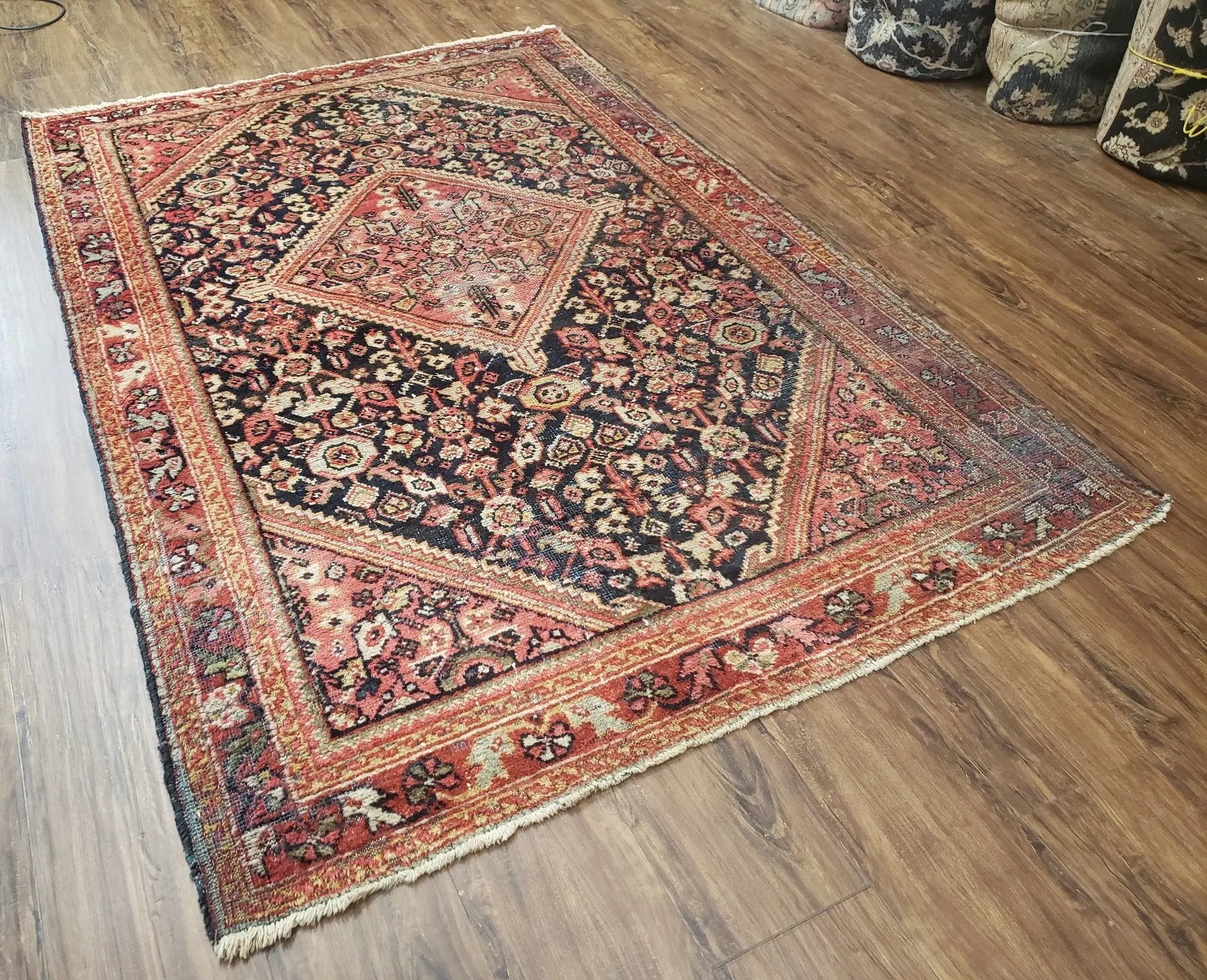Antique Persian Mahal Area Rug 4.4 x 6.6, Wool Hand-Knotted Shabby Chic Oriental Rug, Red Black 1930s Foyer Room Carpet, Low Pile Boho Rug by Jewel Rugs