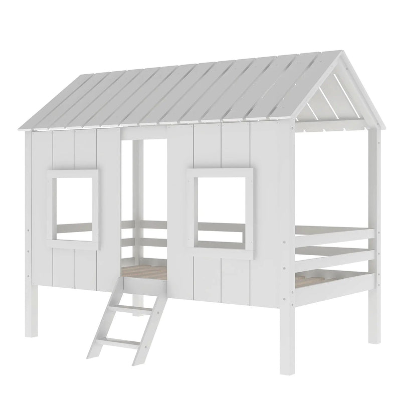 Twin Size Low Loft House Bed With Roof And 2 Front Windows - White by Unique Piece Furniture