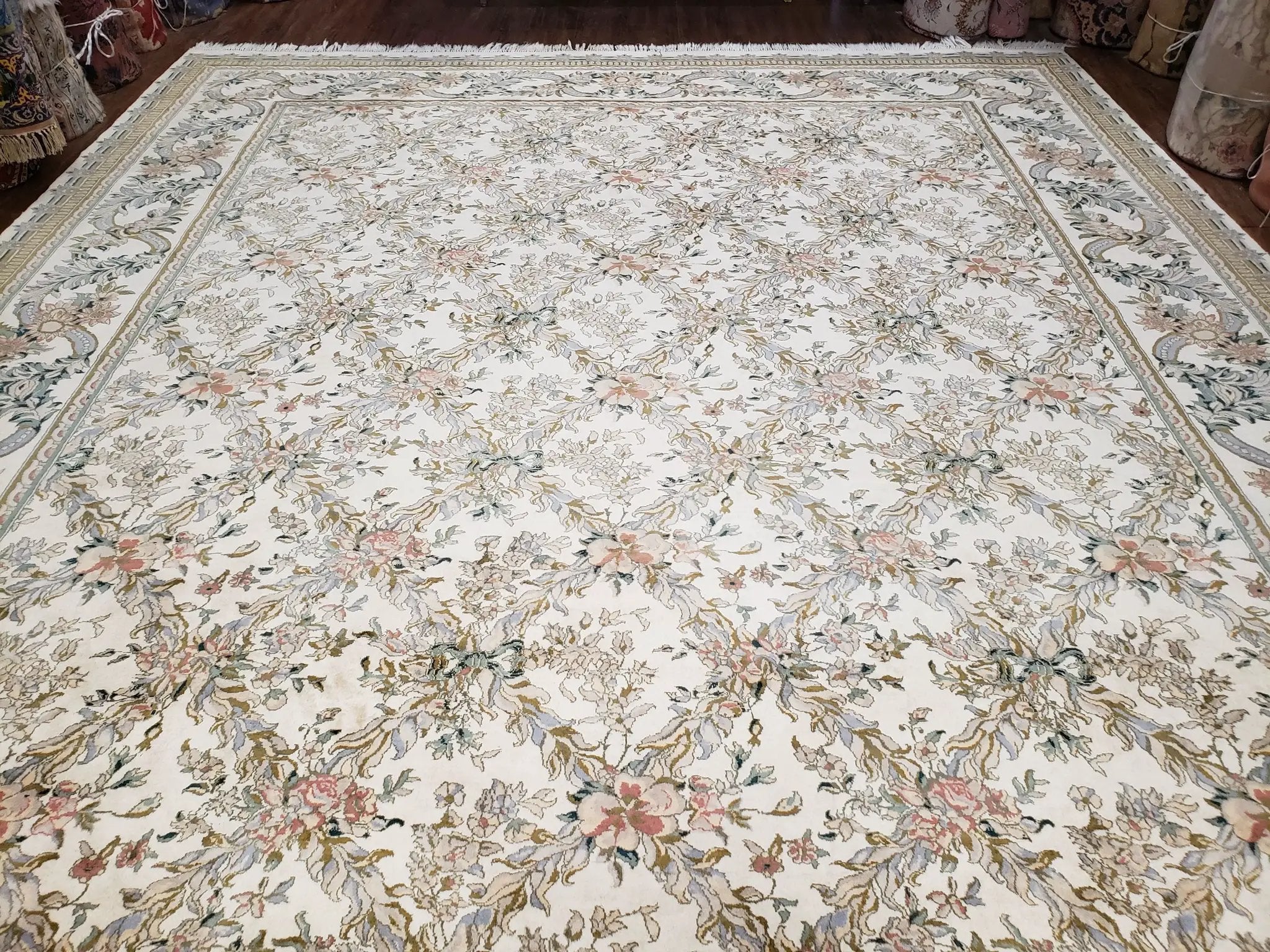 Pak Persian Floral Rug 11 x 12.6, Ivory, Very Fine, Hand Knotted by Jewel Rugs