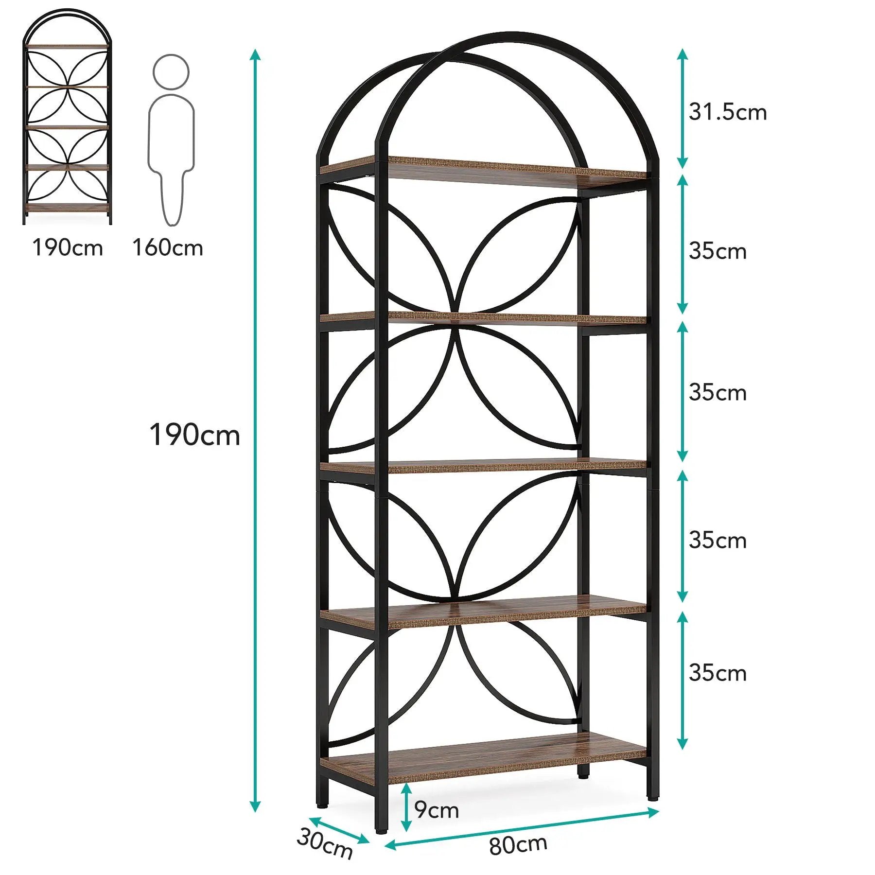 Tall 5 Tier Arched Bookshelf With Shelves For Living Room - Rustic Brown by HouseOfZazla