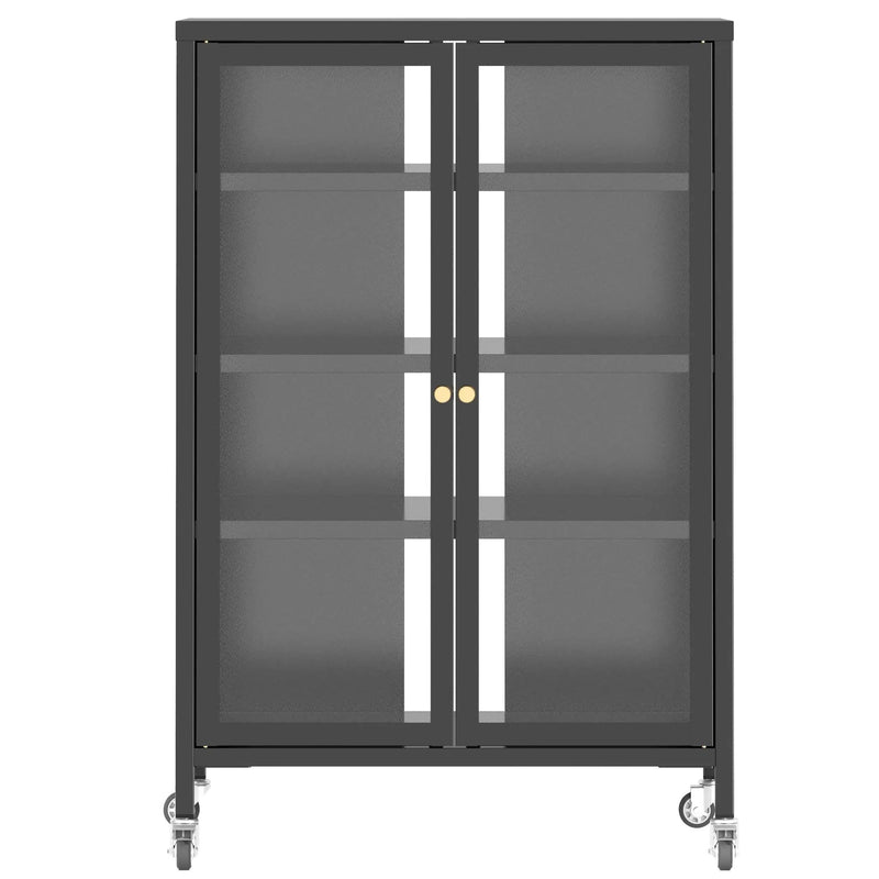 Media Storage Cabinet With Wheels, 4 Adjustable Glass Shelves & Door, Heavy-Duty - Black by HouseOfZazla