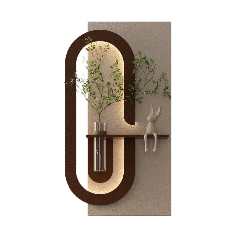 Adjustable LED Sandstone Wall Decor With Simulated Plants 3D Art Sculpture, Glass Vase & Rabbit Statue, Remote Control - Light Coffee by Unique Piece Furniture