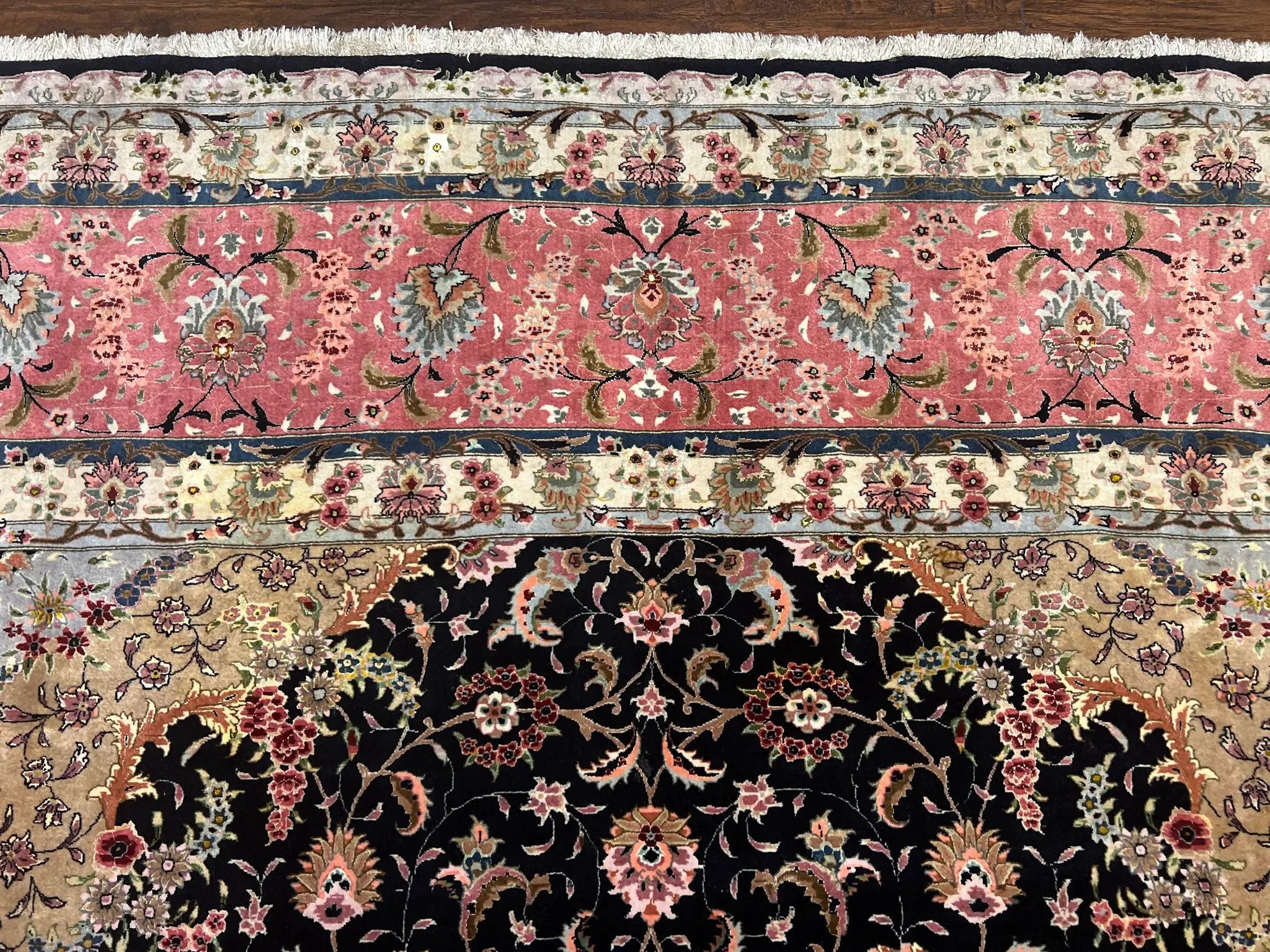 Magnificent Persian Tabriz Rug 11x16, Oversized Persian Carpet 11 x 16 ft, Wool on Silk Finely Hand Knotted, 450 KPSI, Floral Medallion, Black Pink by Jewel Rugs