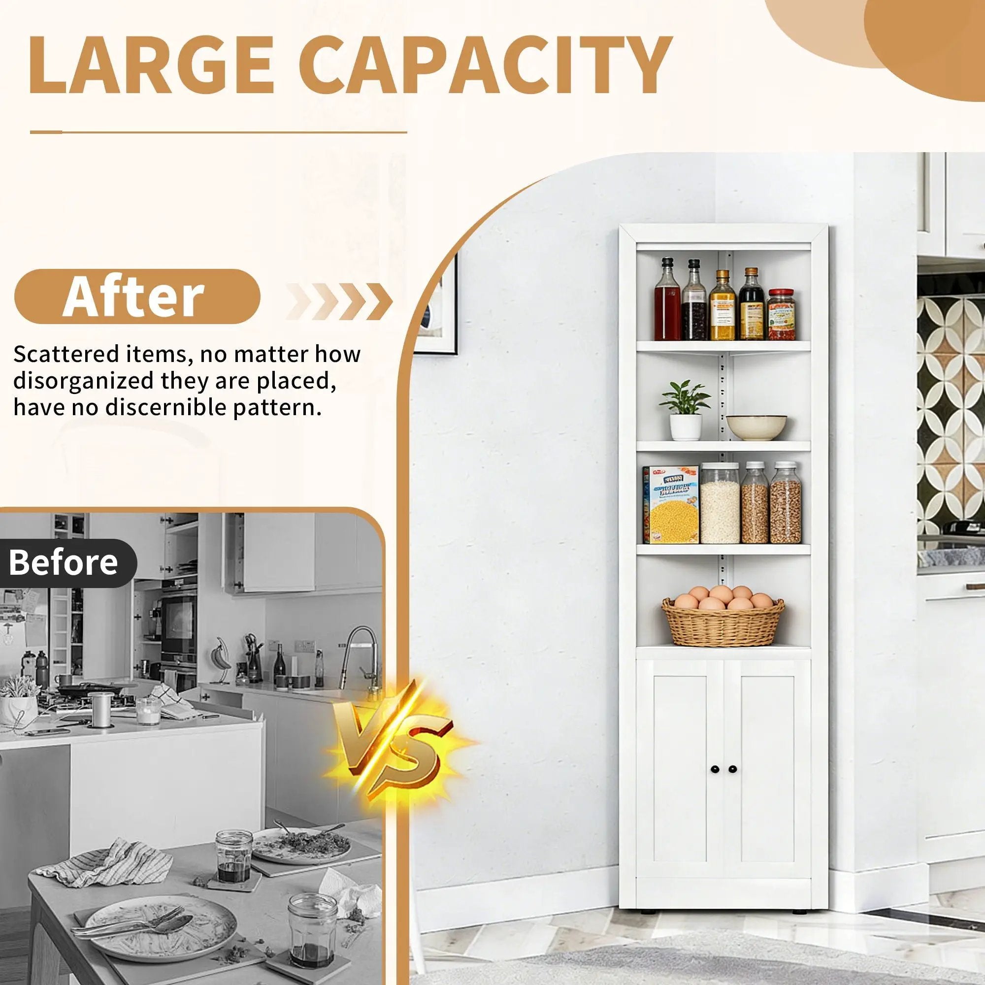 Tall Corner Storage Cabinet With 2 Doors, 5-Tier With Adjustable Shelves, Freestanding - White by HouseOfZazla