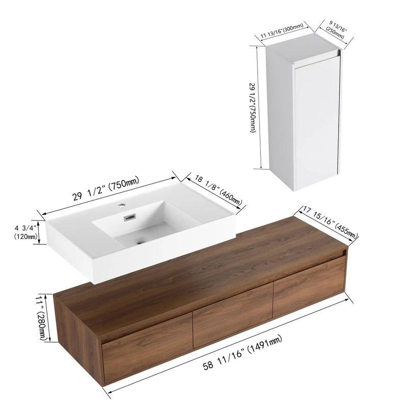 Modern Wall Mounted Bathroom Vanity With Resin Sink And Side Cabinet - Brown Ebony by HouseOfZazla