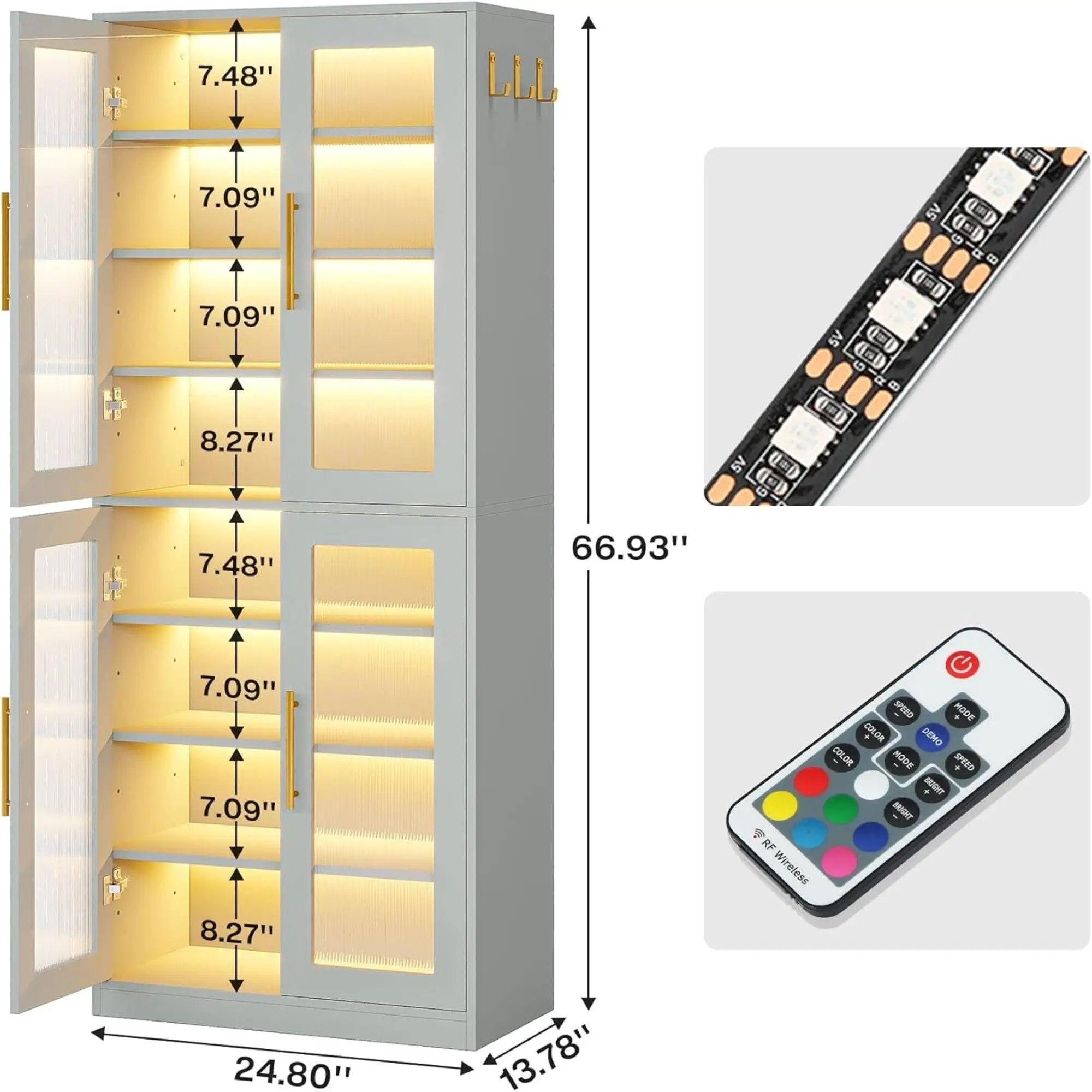 Bookcase With Doors And LED Lighting, 8 Adjustable Shelves Storage Cabinet