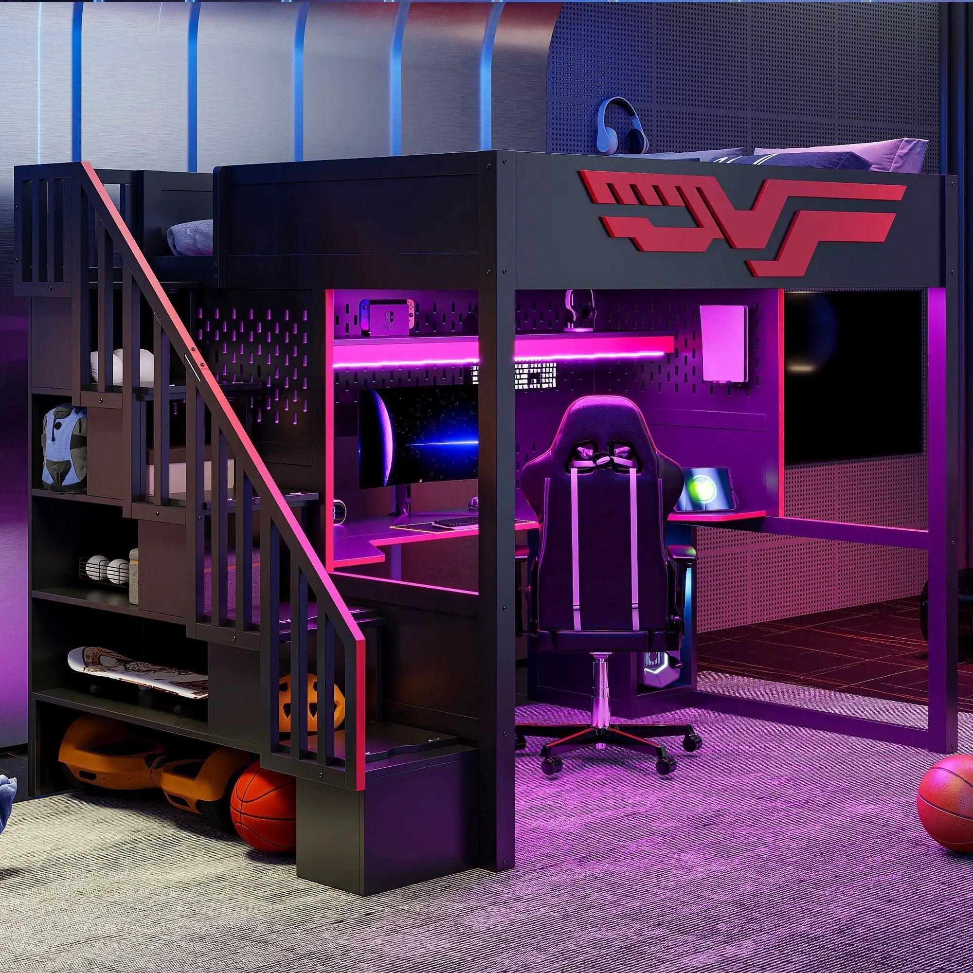 Full Gaming Loft Bed With Desk And Storage Staircase, LED Lights And USB - Red / Black by HouseOfZazla