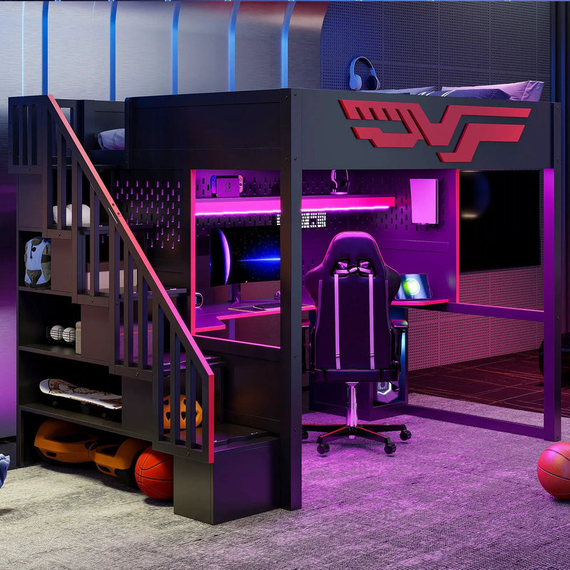 Full Gaming Loft Bed With Desk And Storage Staircase, LED Lights And USB - Red / Black by HouseOfZazla
