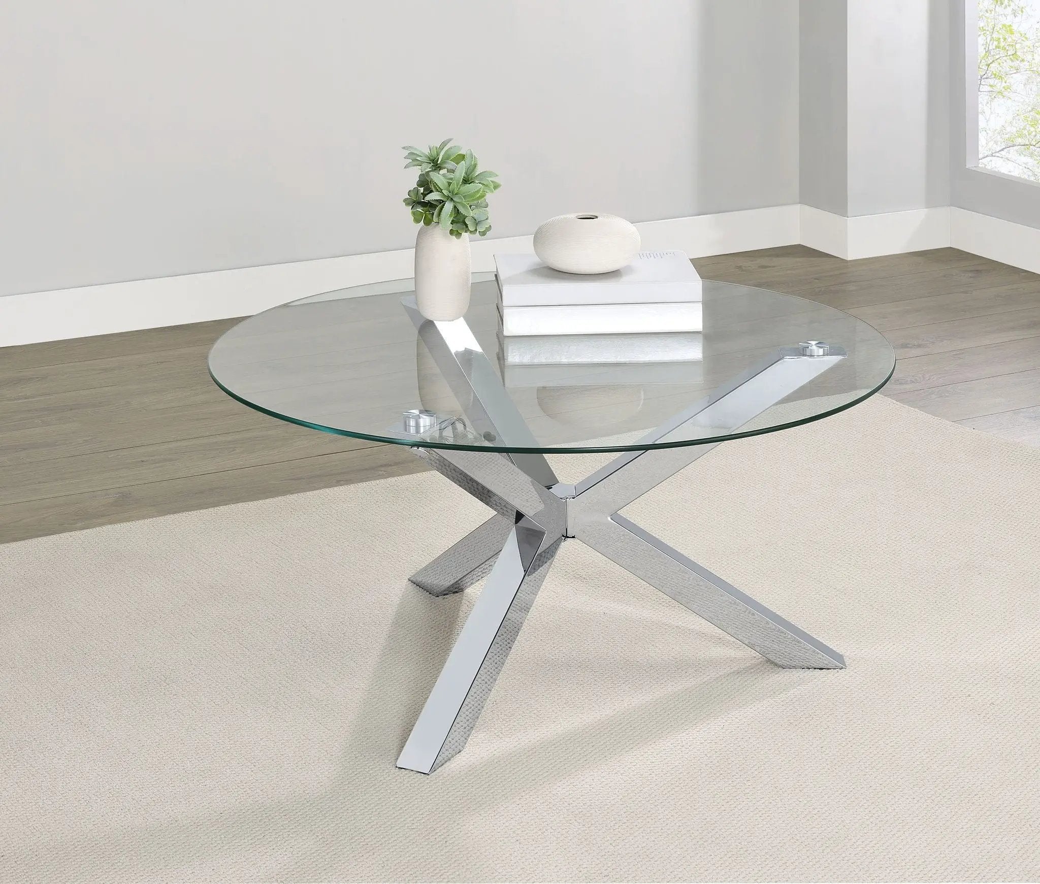 Kenzie Round Tempered Glass Top Cocktail Coffee Table Chrome by Unique Piece Furniture