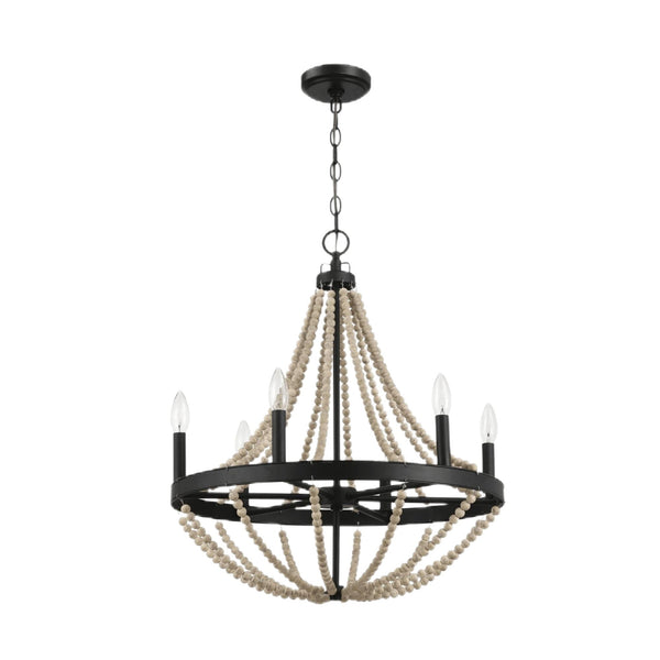 Starry - Chandelier 6 Candle Light Wood Beaded Pendant Light For Dining Room - Black / Clear