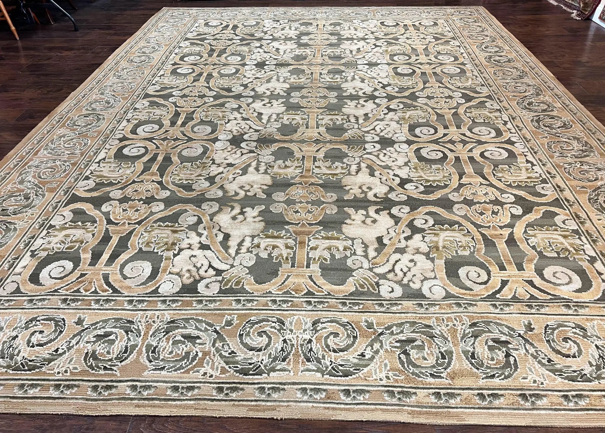 Spanish Rug 11x14, Wool Hand Knotted Vintage Carpet, Olive Green and Beige, Floral Allover, European Design, 11 x 14 Rug by Jewel Rugs
