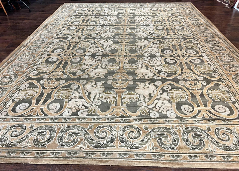 Spanish Rug 11x14, Wool Hand Knotted Vintage Carpet, Olive Green and Beige, Floral Allover, European Design, 11 x 14 Rug by Jewel Rugs