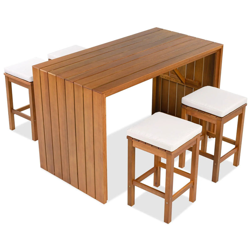 5 Piece Outdoor Bar Set with Acacia Wood Table & Cushioned Stools by HouseOfZazla