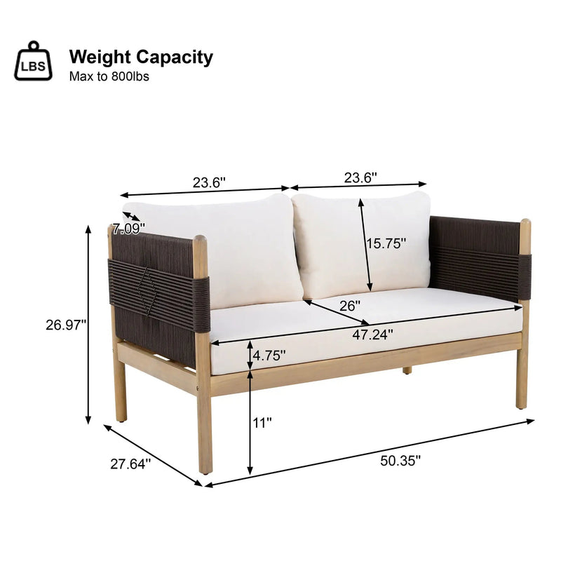 Outdoor Acacia Wood Loveseat with Diamond Rope Weave & Cushions, Light Teak by HouseOfZazla