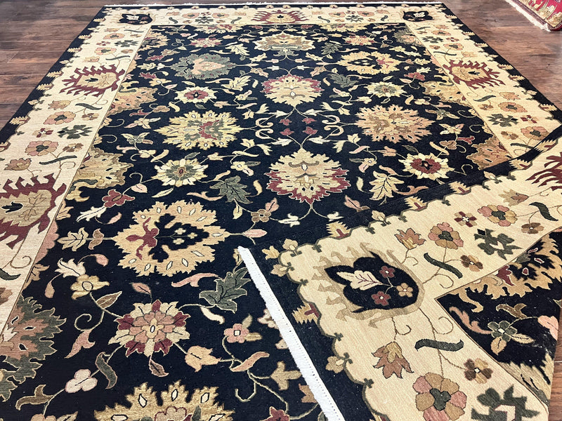 Indo Persian Rug 10x14, Wool Handmade Room Sized Floral Oriental Carpet, Indian Mahal Flatweave Rug, Black Beige by Jewel Rugs