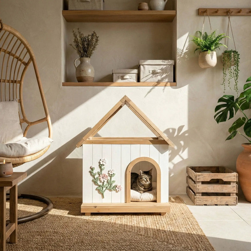 Daisy Cat House With Roof & Indoor Outdoor Pet Shelter For Cats & Small Dogs (11–25 Lbs) - White / Wood by HouseOfZazla