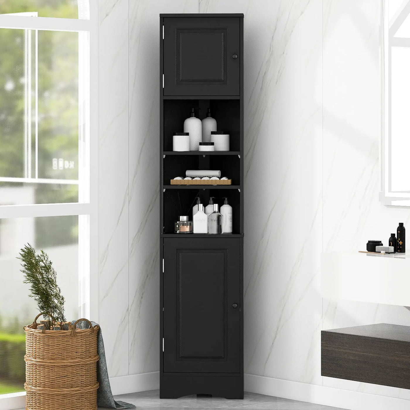 Multi-Functional Corner Cabinet Tall Bathroom Storage Cabinet with Two Doors and Adjustable Shelves, Open Shelf by HouseOfZazla