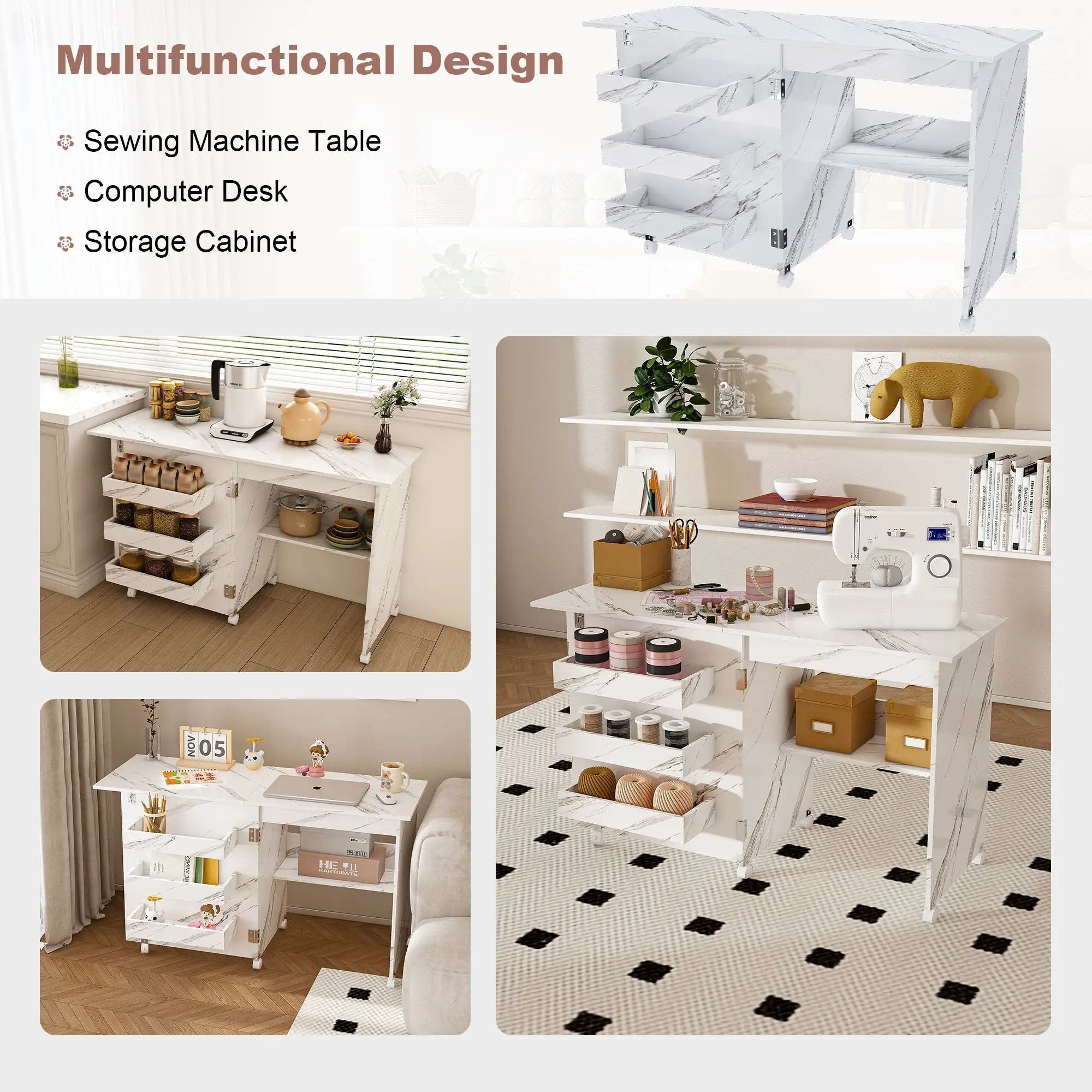4 In 1 Folding Sewing Table With Lockable Wheels, Multi Functional Craft Station - White