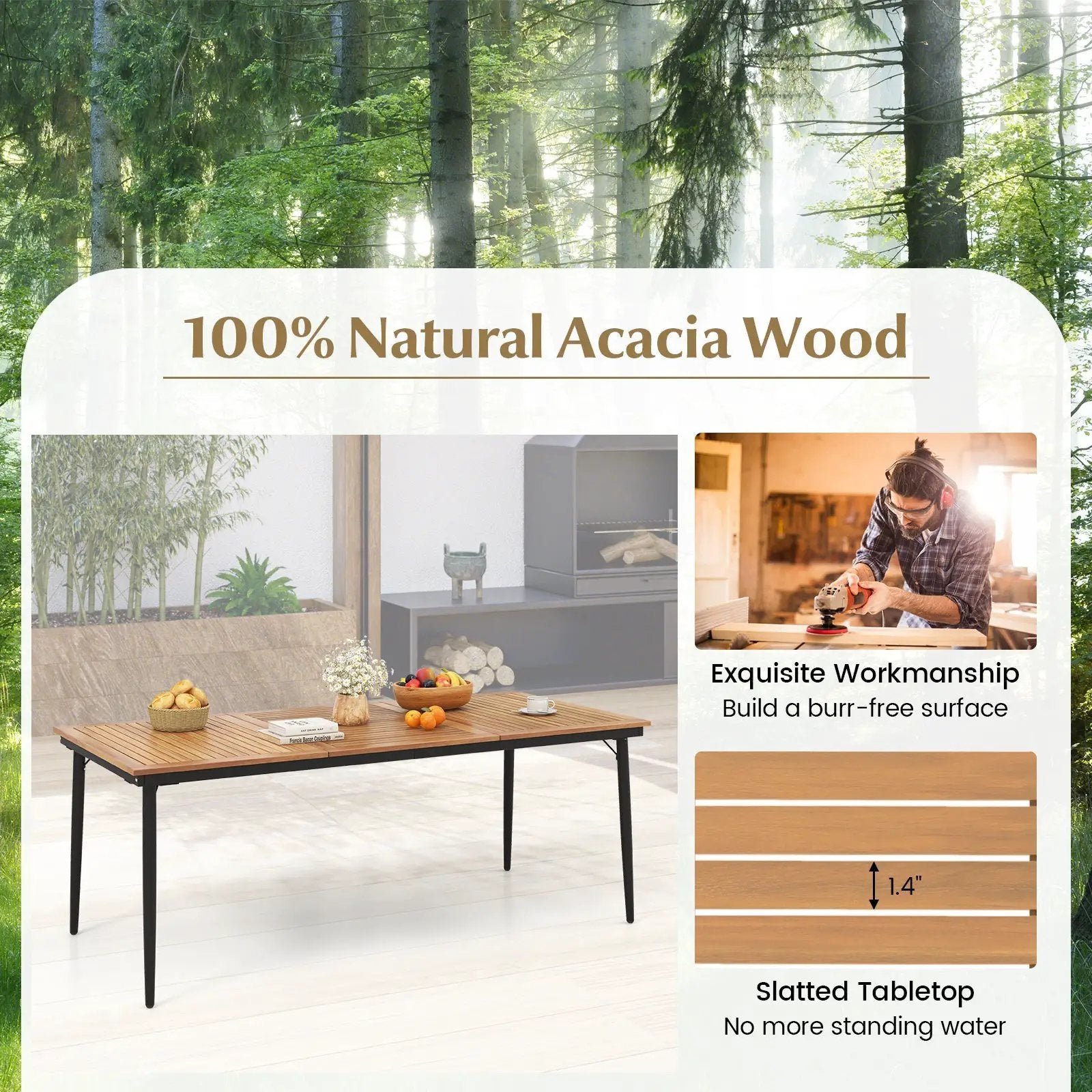 79 Inch Acacia Wood Outdoor Dining Table for 8 with 1.9 Inch Umbrella Hole by DirectDeals