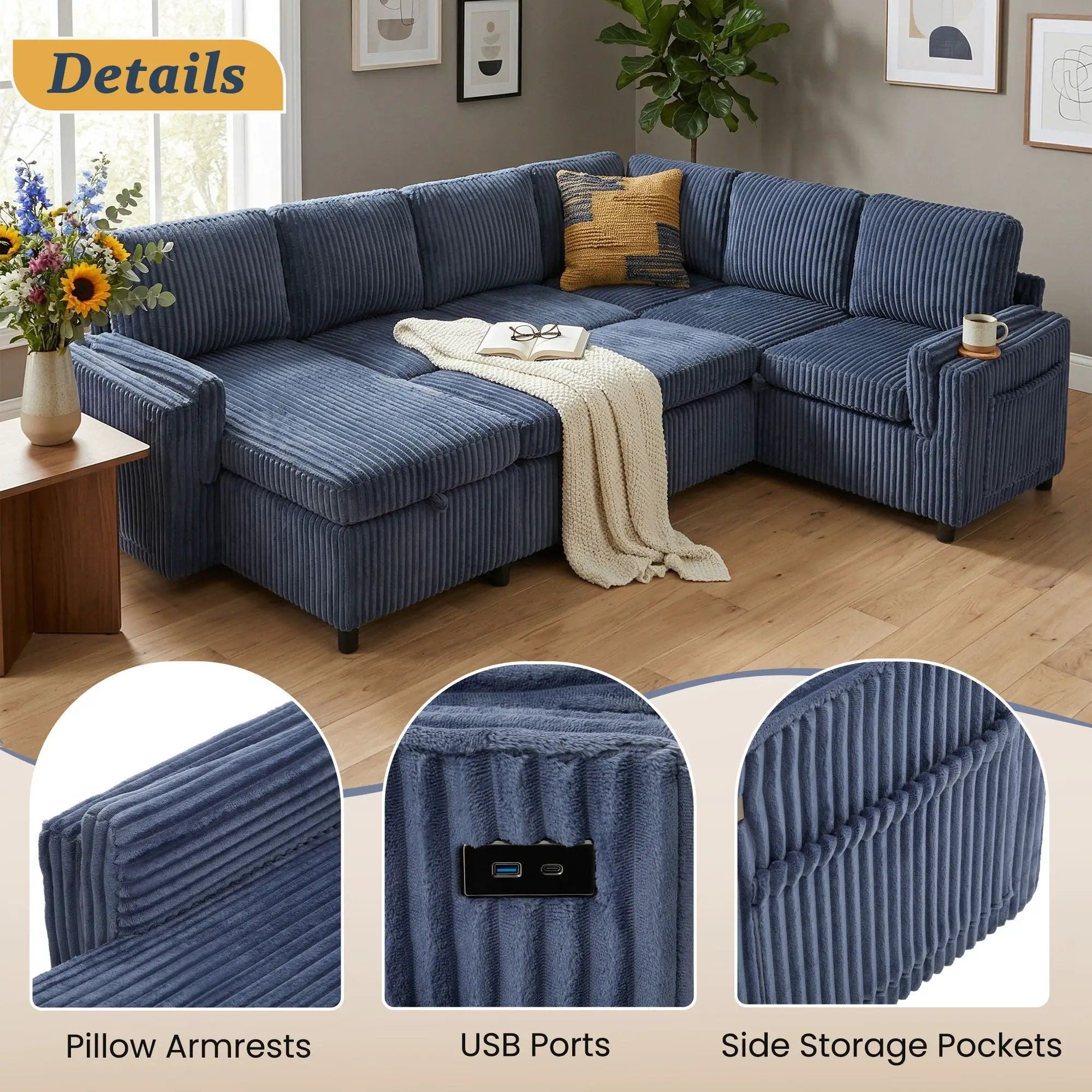 Convertible U-Shaped Sectional Sofa Bed With USB Ports And Storage by HouseOfZazla