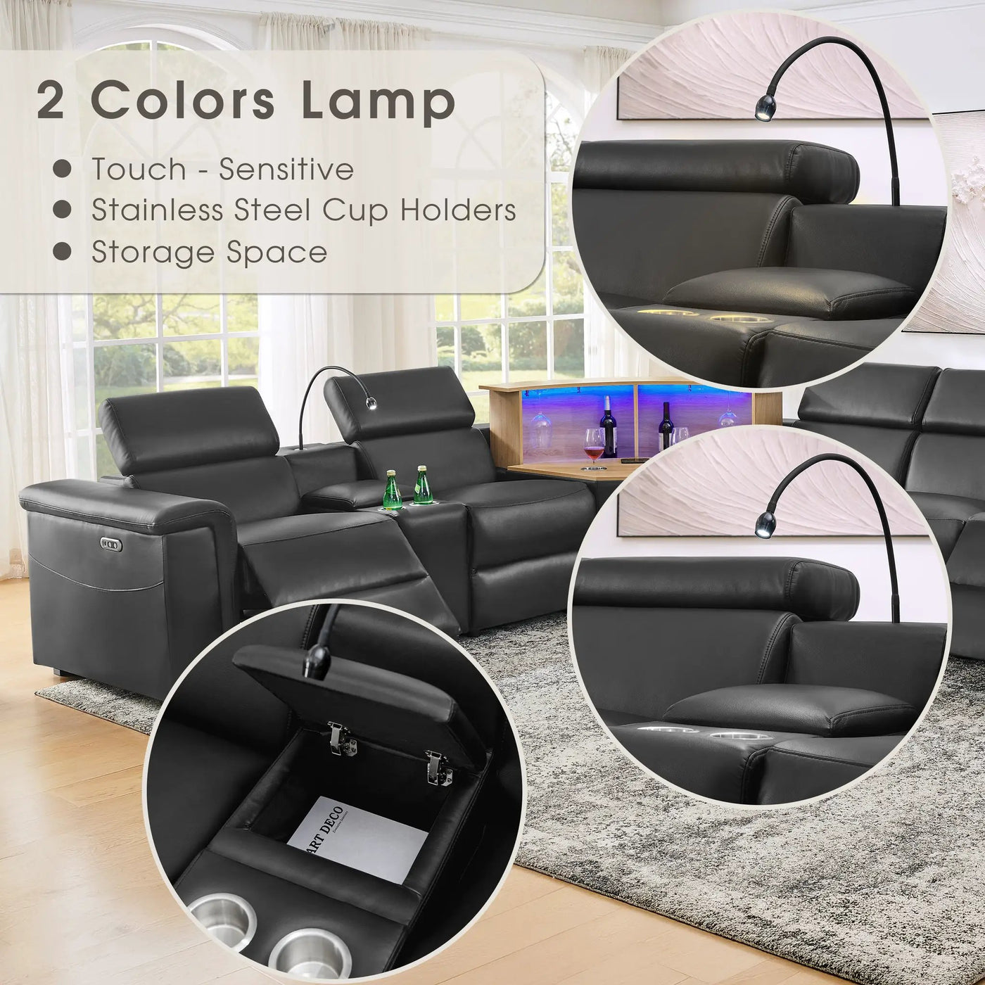 5-Seater Air Leather L-Shaped Powered Recliner Sofa Set with Motorized Lift Cabinet by HouseOfZazla
