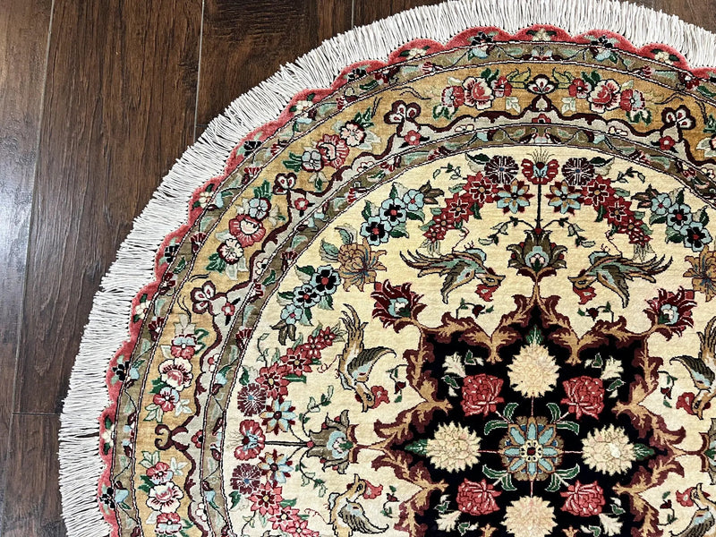 Silk Persian Tabriz Round Rug 3x3 ft, Very Fine Hand Knotted Carpet 380 KPSI, Cream & Gold, Bird Pictorials, Floral, Rare by Jewel Rugs