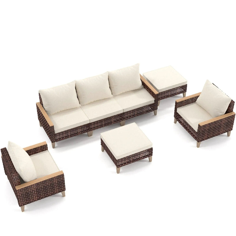 5 Piece Rattan Terrace Furniture Set, 7 Seats Cushions, High Footed Design by HouseOfZazla