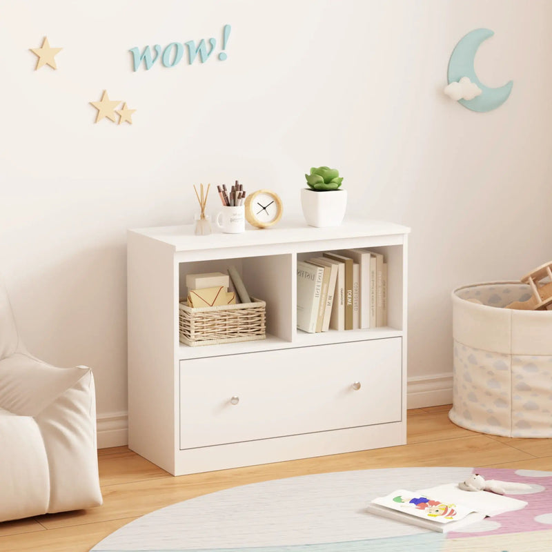 Toy Storage Organizer With Large Drawer And Low Bookshelf For Nursery & Playroom - White by Unique Piece Furniture