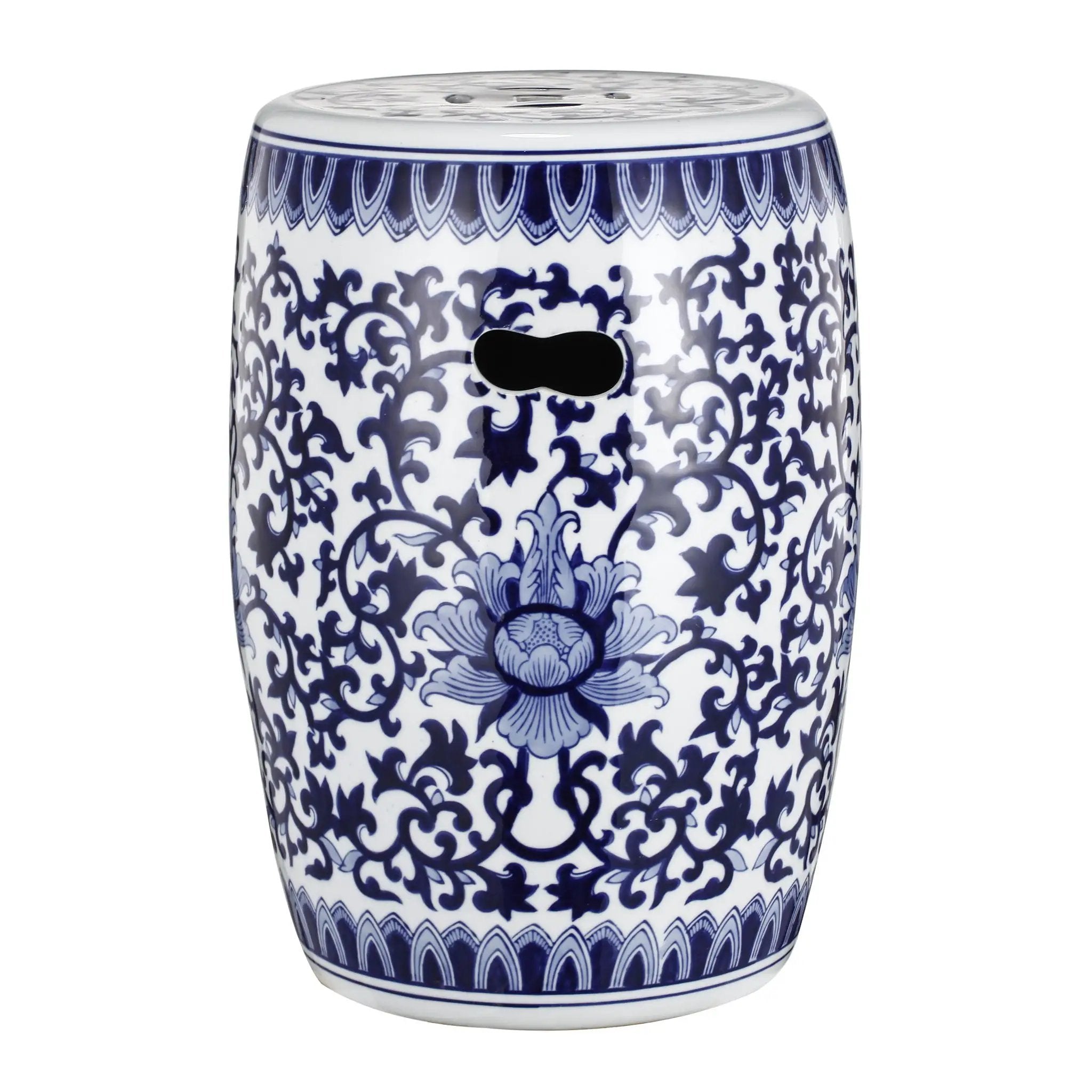 Ceramic Garden Stool, Small Side Tabel - White / Blue by Unique Piece Furniture