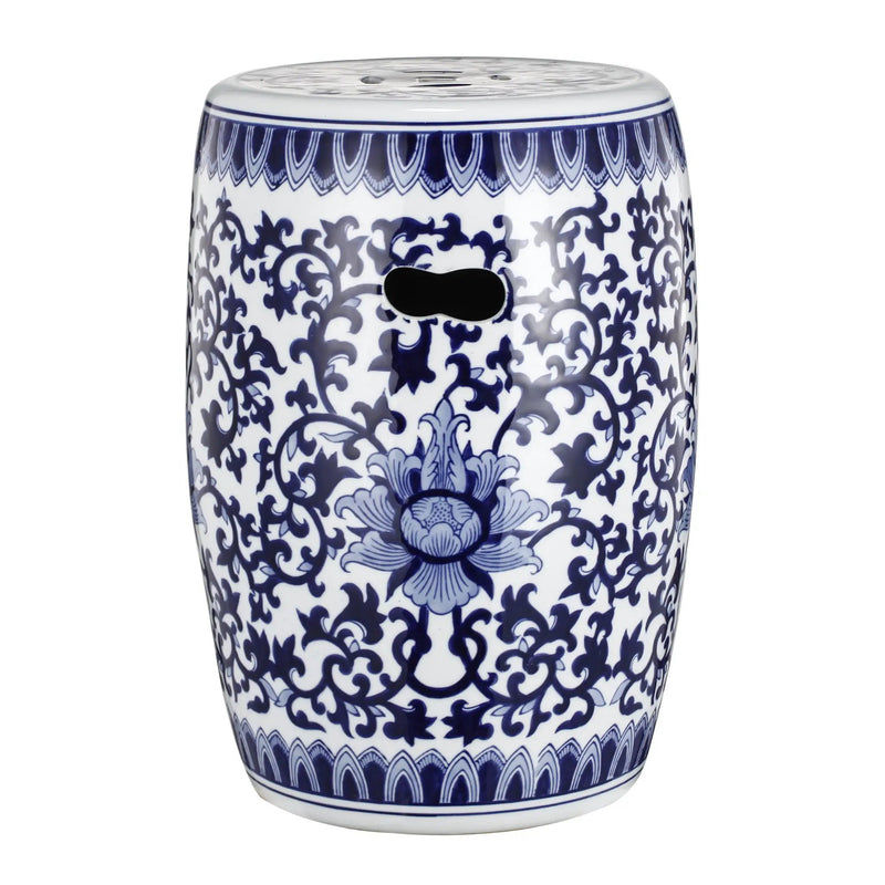 Ceramic Garden Stool, Small Side Tabel - White / Blue