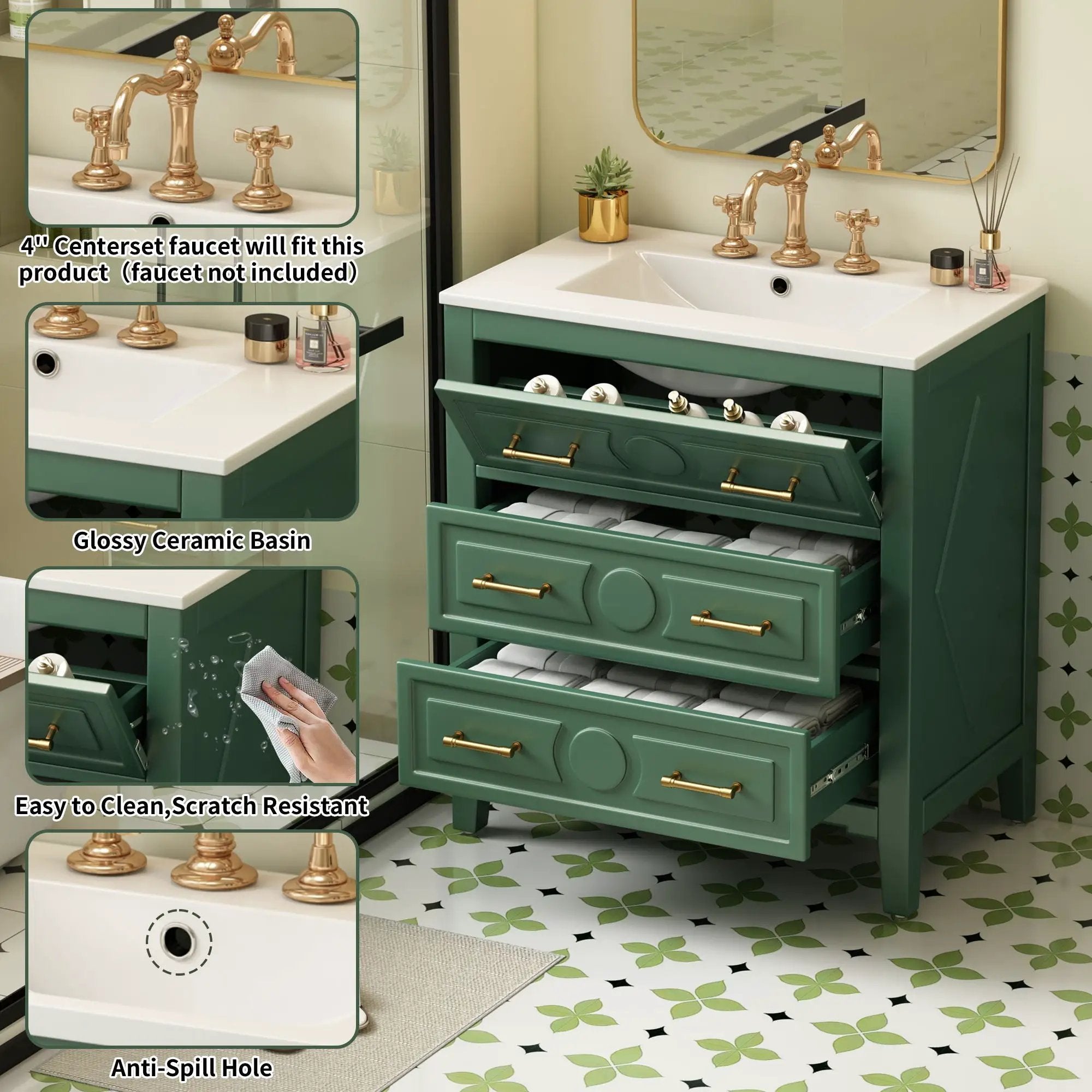 Retro Bathroom Vanity With Sink Combo, Free Standing Single Set With 3 Drawers by Unique Piece Furniture