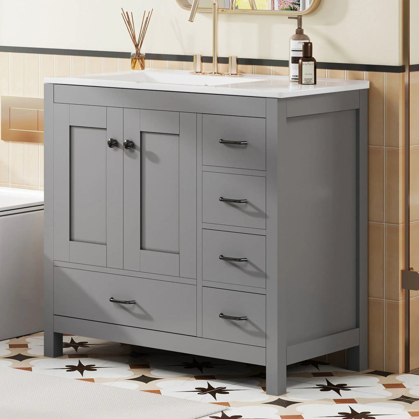 Bathroom Vanity With Ceramic Sink Combo, Abundant Storage Cabinet 2 Soft Close Doors And 5 Drawers by Unique Piece Furniture