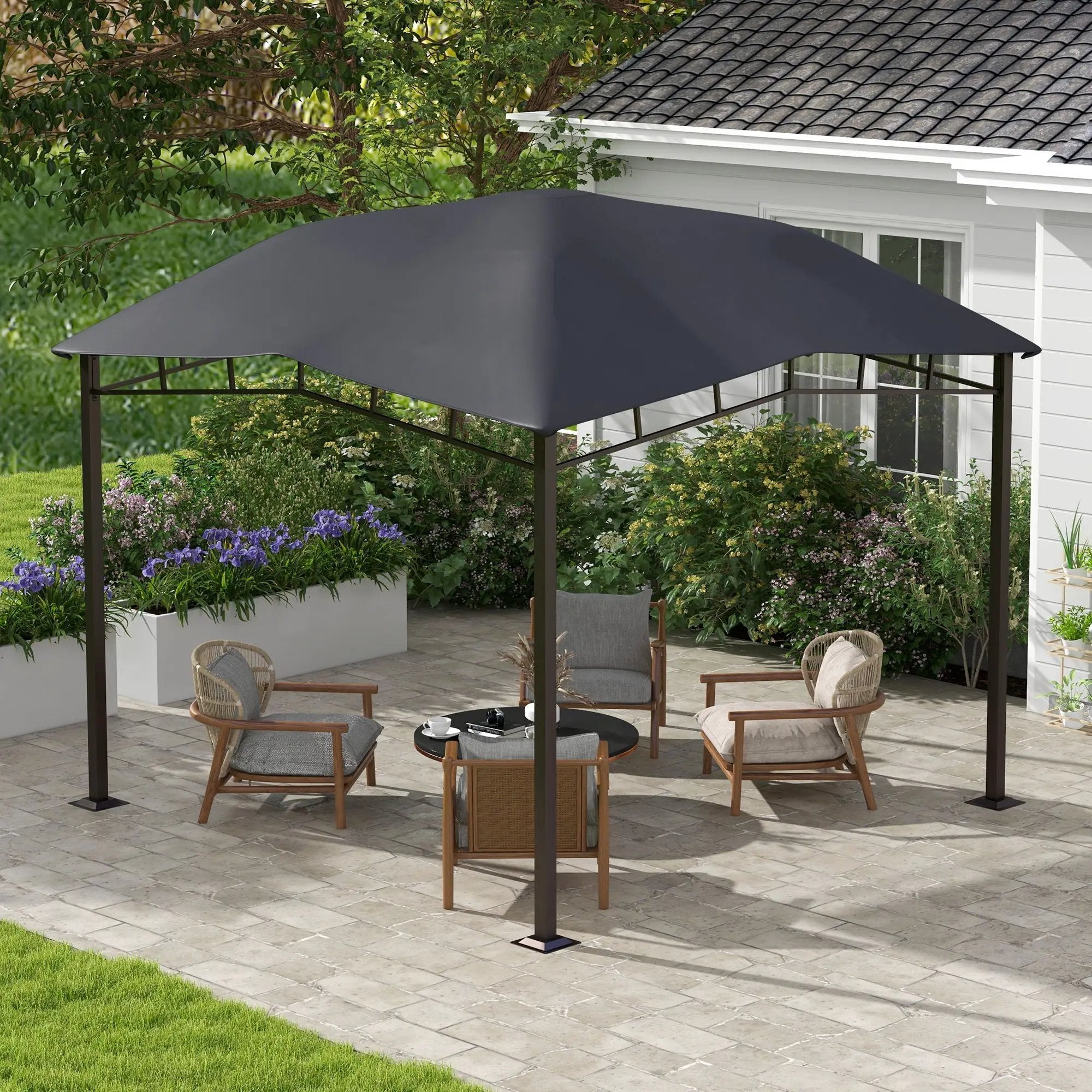 Outsunny - 10' x 10' Soft Top Patio Gazebo Outdoor Canopy With Unique Geometric Design Roof, All-Weather Steel Frame - Gray by Unique Piece Furniture