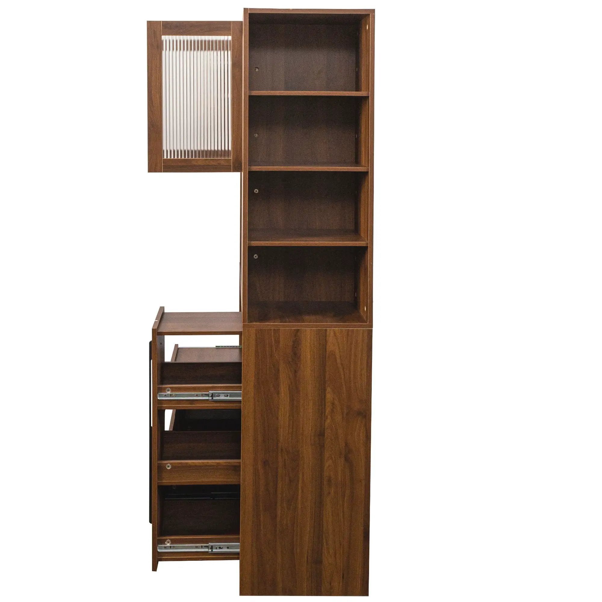 Tall Kitchen Pantry Cabinet With 4 Tier Side Shelf, 2 Drawers, Freestanding Food Hutch With Microwave Stand For Dining Room - Walnut by HouseOfZazla