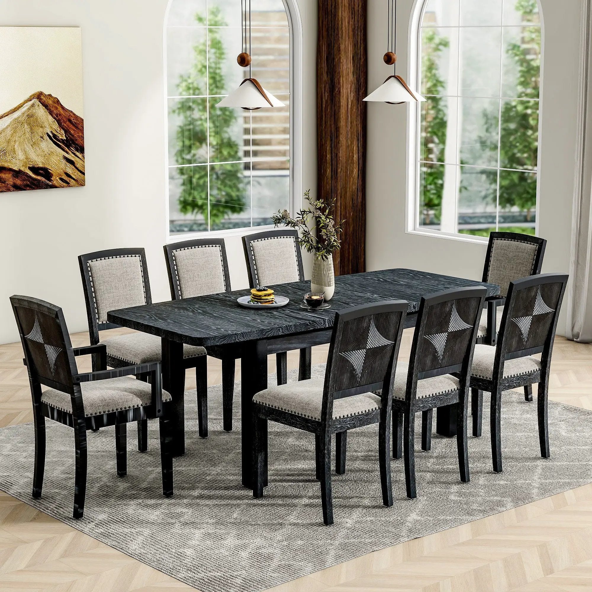 Topmax - Rustic Extendable Dining Table Set With Removable Leaf, 6 Upholstered Armless Dining Chairs And 2 Padded Arm Chairs, 9 Pieces by HouseOfZazla