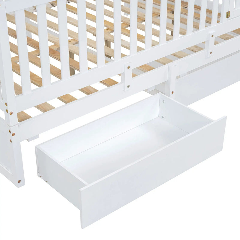 Daybed With Fence Guardrails And 2 Drawers, Split Into Independent Floor Bed & Daybed by HouseOfZazla