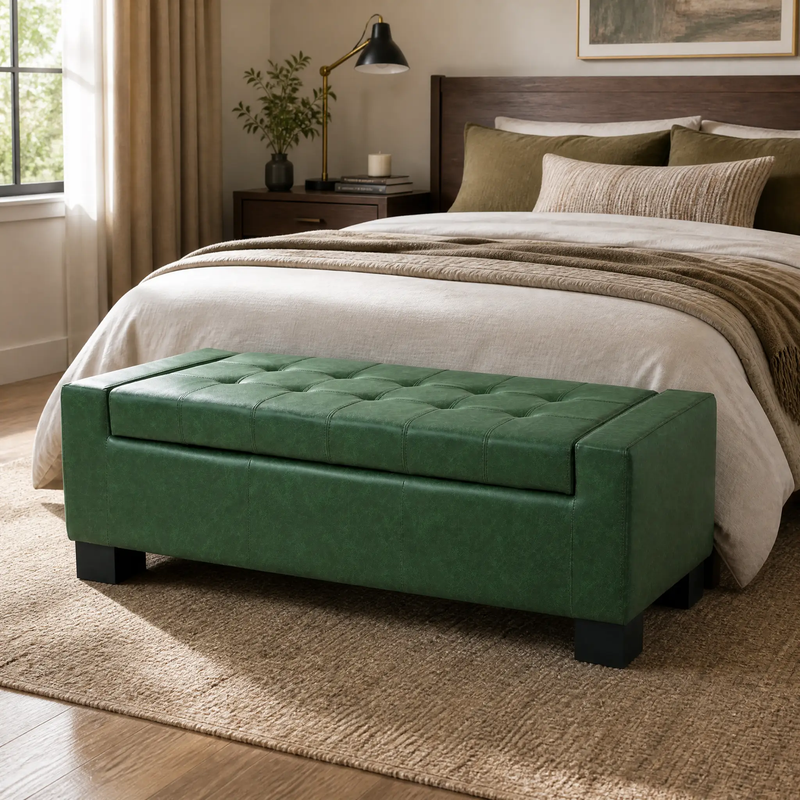 Green Storage Ottoman Bench, PU Upholstered Footrest with Solid Wood Legs by HouseOfZazla