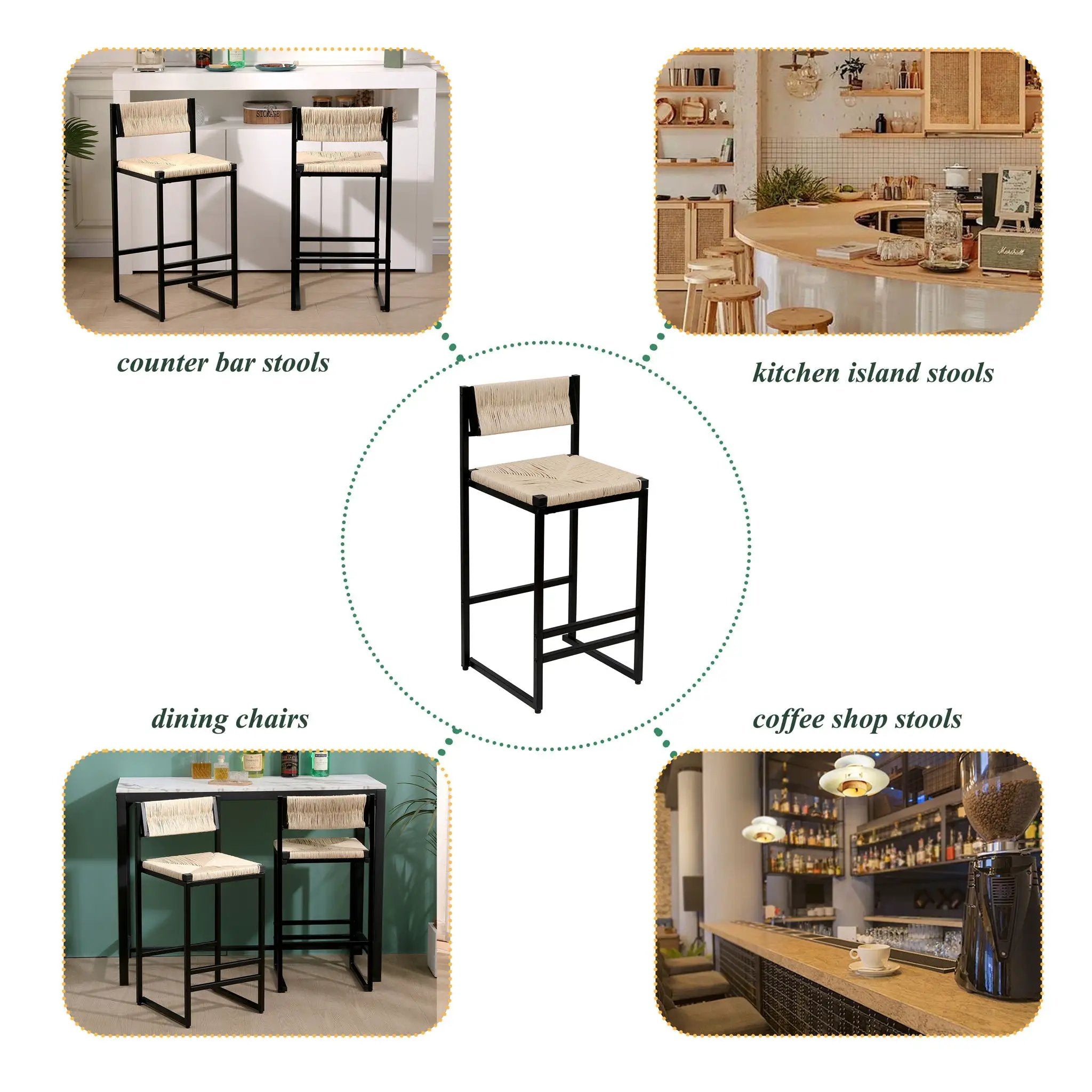 Bar Stools Paper Rope Weave Dining Chairs With Back Hand Weave Stools For Kichen Island, Bar & Counter (Set of 2) by HouseOfZazla