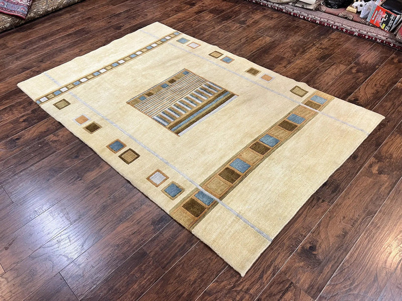 Tibetan Rug 5x8, Contemporary Rug 5 x 8 ft, Cream Brown Blue Hand-Knotted Wool w/ Silk Highlights Tibetan Carpet, Modern Rug by Jewel Rugs