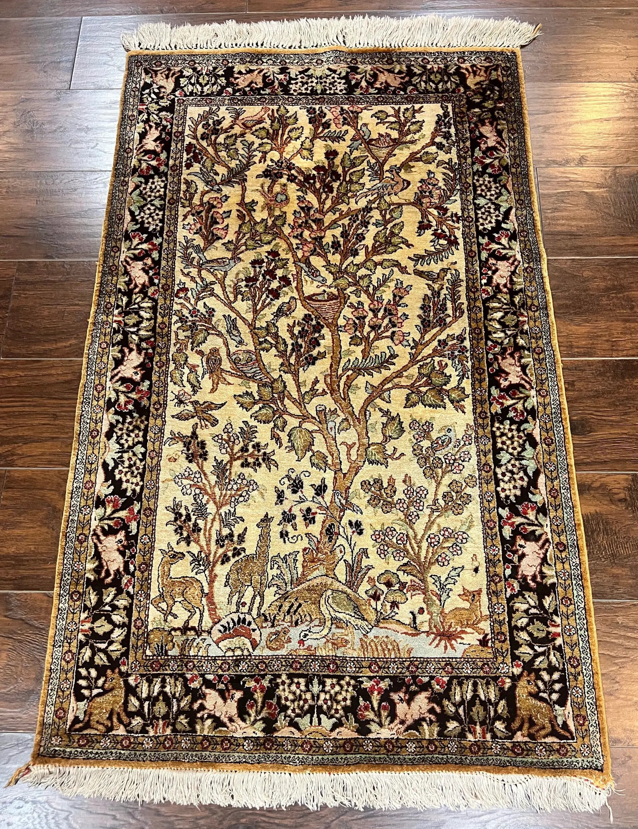 Silk Tree of Life Persian Qum Rug 3x4, Hand Knotted Vintage Carpet, Cream & Black, Very Fine Oriental Rug, Animal Pictorials, Birds by Jewel Rugs