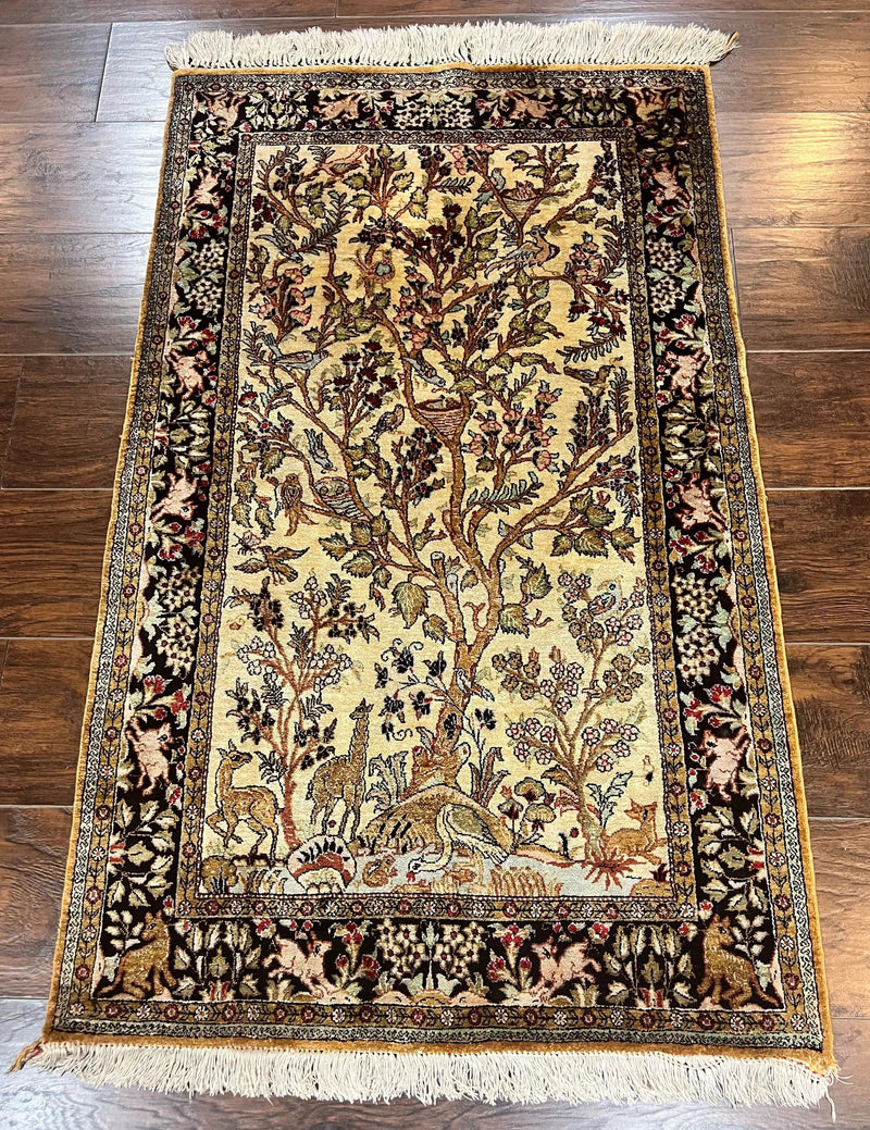 Silk Tree of Life Persian Qum Rug 3x4, Hand Knotted Vintage Carpet, Cream & Black, Very Fine Oriental Rug, Animal Pictorials, Birds by Jewel Rugs