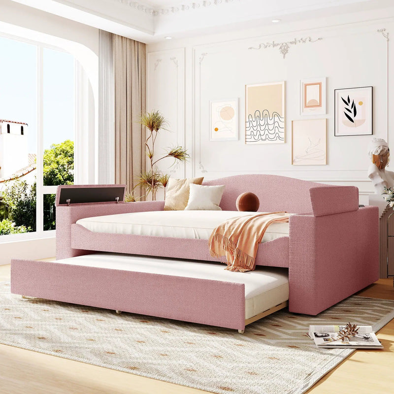 Upholstered Daybed With Storage Armrests, Trundle And Latest Integrated tooth Audio System by HouseOfZazla