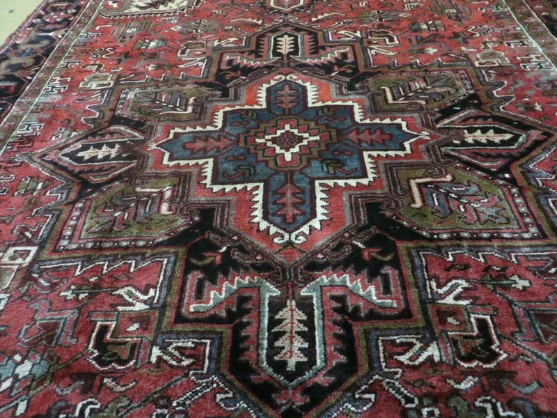 Persian Heriz Rug 8x12 Semi Antique Heriz Carpet, Room Sized Persian Carpet, Geometric Medallion, Wool, Hand Knotted, Red Ivory Dark Blue by Jewel Rugs