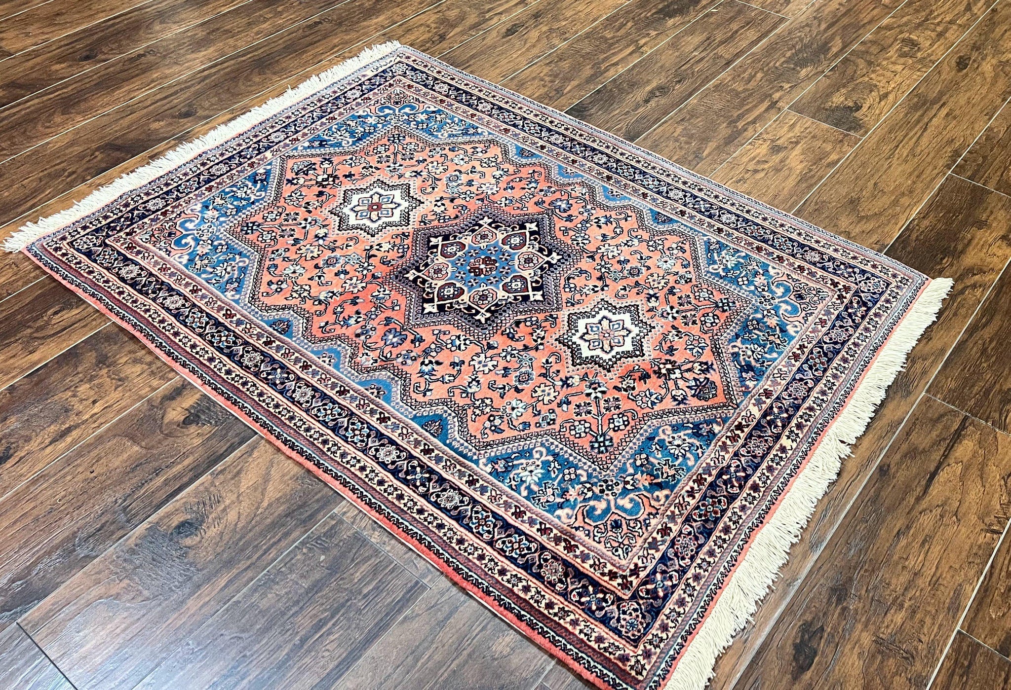 Persian Shiraz Rug 3x5, Geometric Tribal Rug, Wool Hand Knotted Vintage Carpet, Light Red & Blue, Signed by Masterweaver by Jewel Rugs