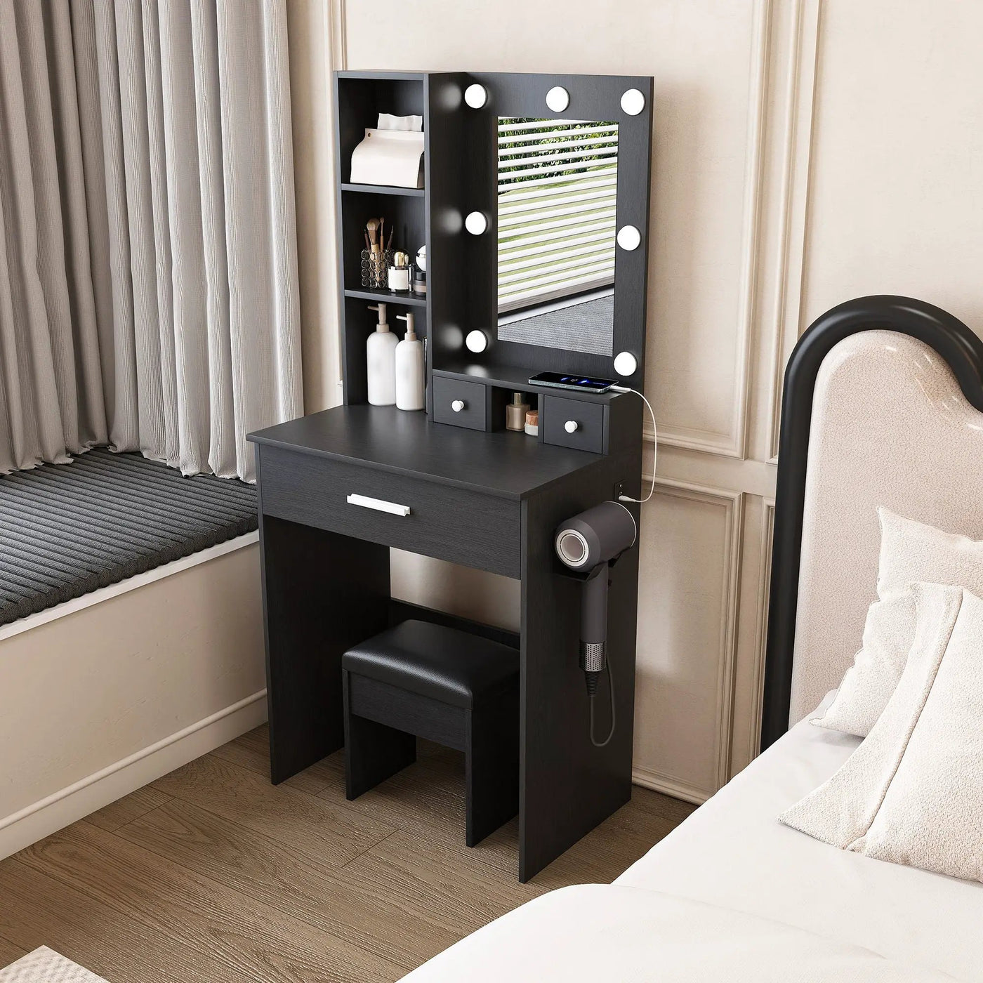 Vanity Table With Mirror, Adjustable LED Lights, Power Outlet, Hairdryer Holder & Stool by HouseOfZazla