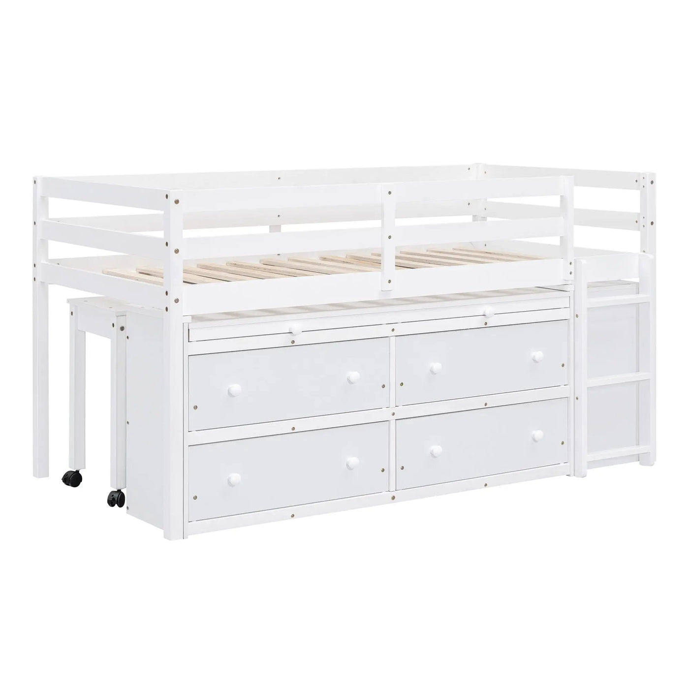 Loft Bed With Retractable Writing Desk And 4 Drawers, With Lateral Portable Desk And Shelves by Unique Piece Furniture